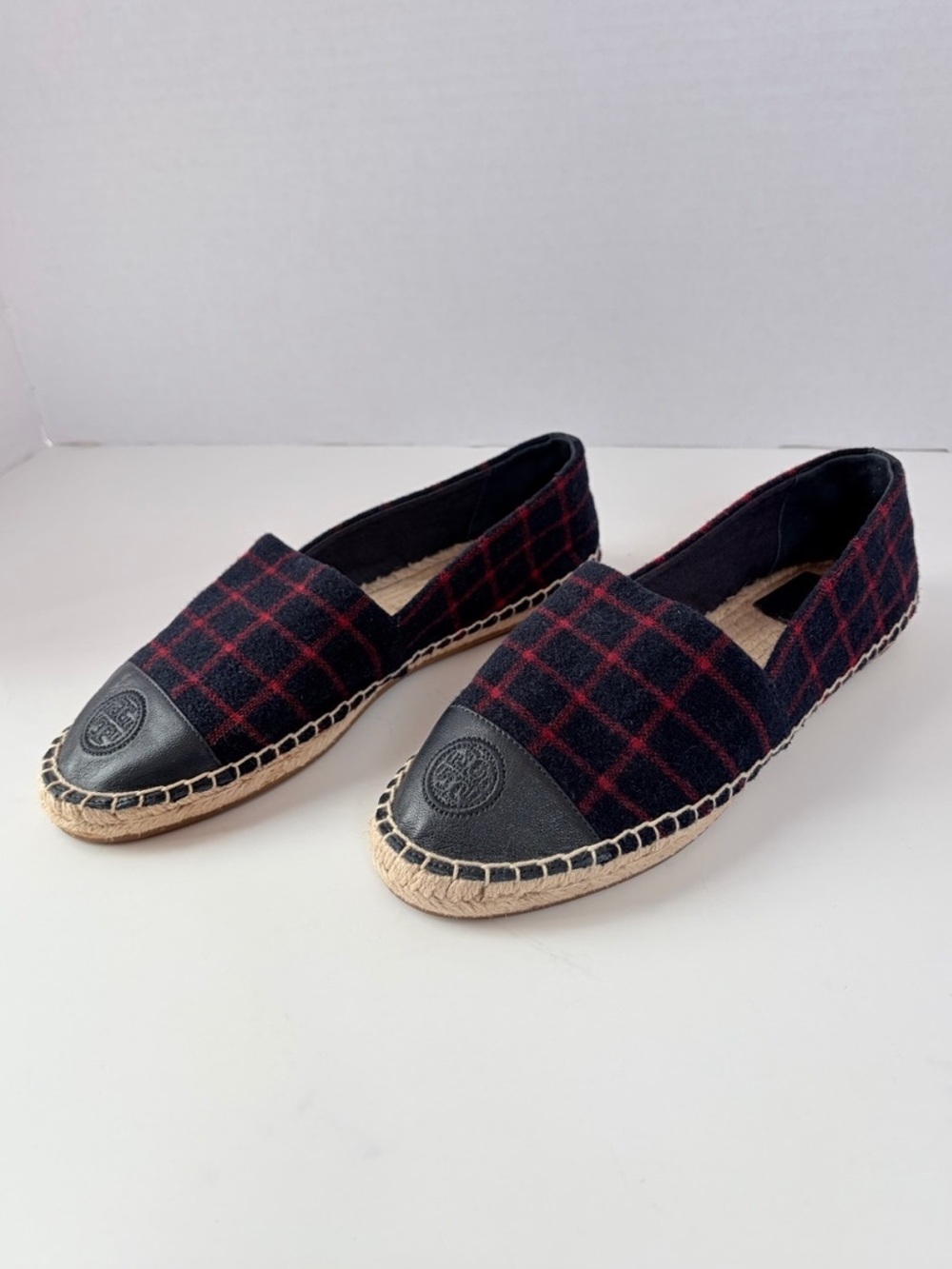 Tory Burch Plaid Shoes Fall Espadrilles Checked Wool Leather Navy Red Size 7.5